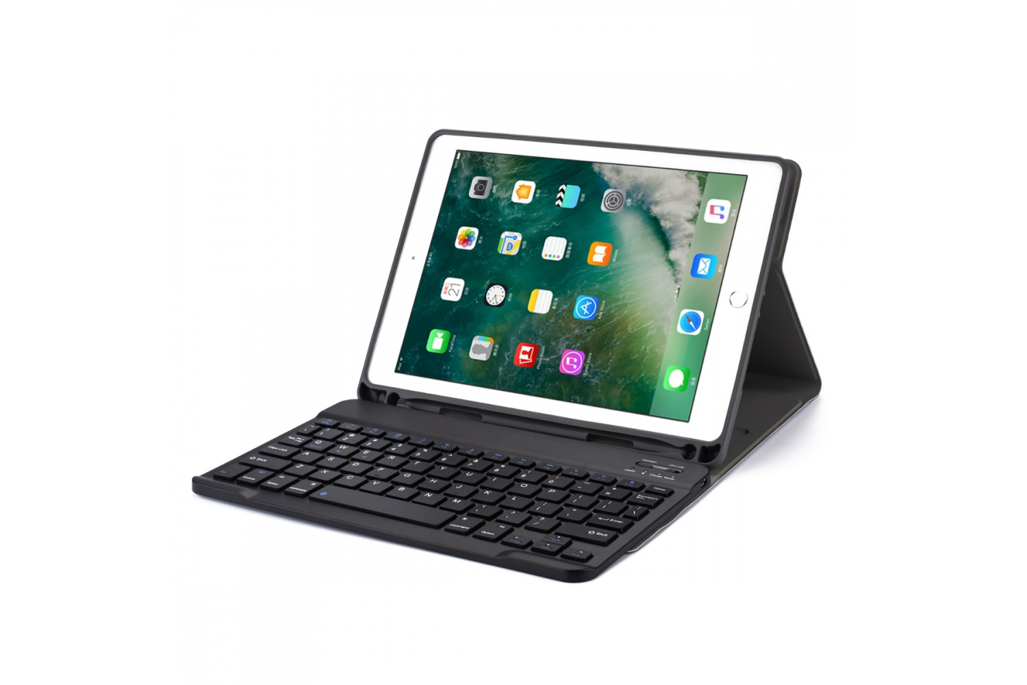 Plenaire sessie lengte vergroting iPad 2018 9.7 inch hoes met toetsenbord ultra slim protection Zwart |  tablettotaal.nl