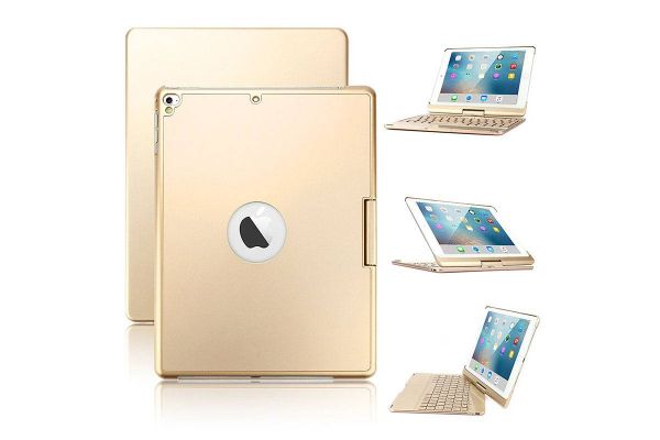 Draaibare iPad 9.7 2018 hoes goud met bluetooth toetsenbord en led verlichting