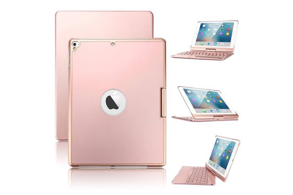 Draaibare iPad 9.7 2018 hoes rose goud met bluetooth toetsenbord en led verlichting