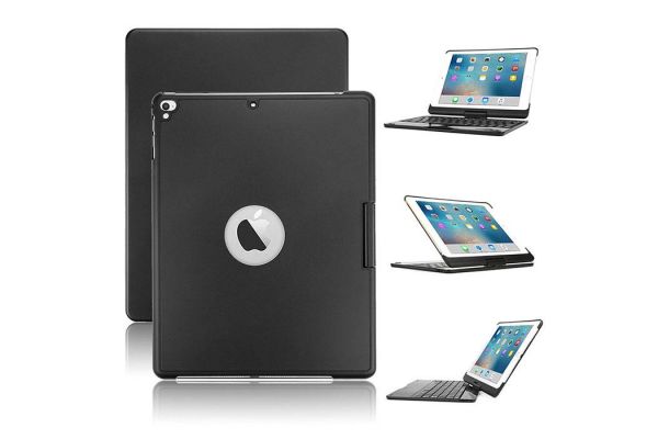 Draaibare iPad 9.7 2018 hoes zwart met bluetooth toetsenbord en led verlichting